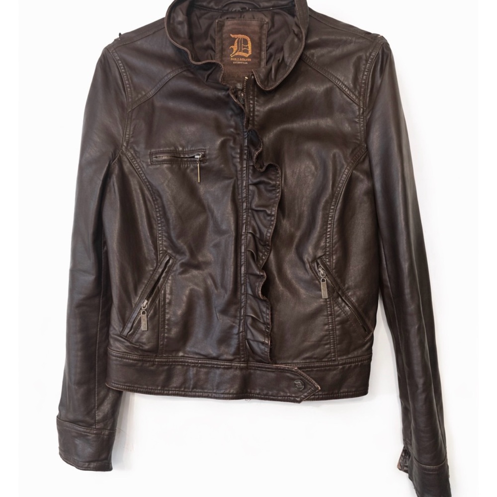 Vintage Dollhouse Dark Brown vegan Leather Jacket with Ruffle Detail